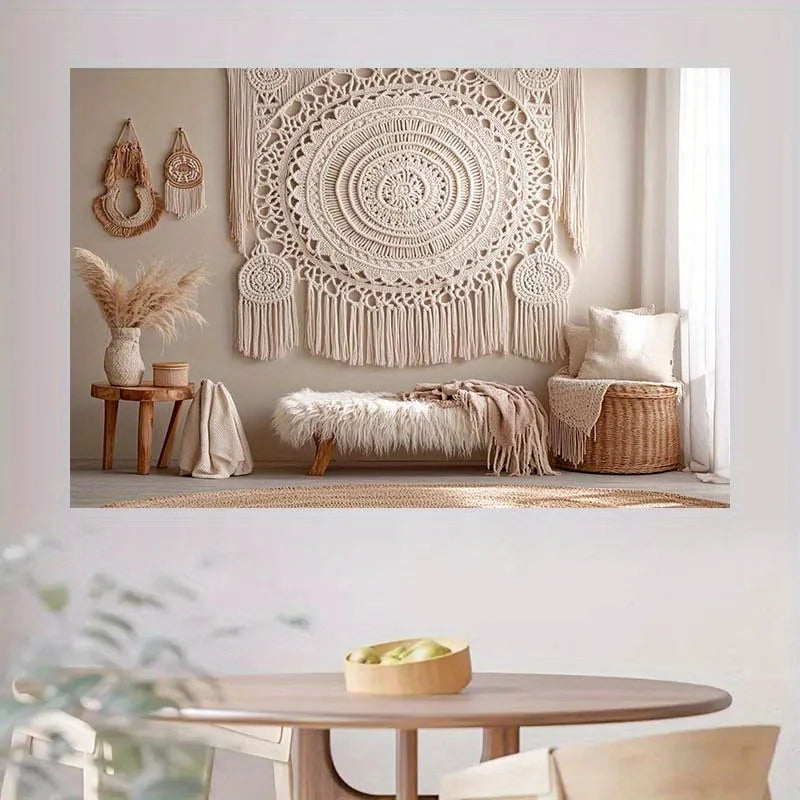 tapis macramé boho chic beige clair motif circulaire franges occasion anniversaire décoration maison