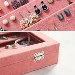 présentoir bijoux velours rose gris classique élégant boîte transparente couvercle boucles oreilles colliers bagues