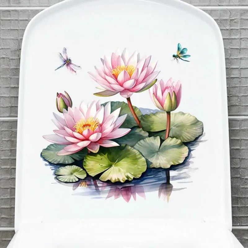 stickers decoratifs toilettes violet rose vert jaune fleurs lotus papillons peinture aquarelle salle bain