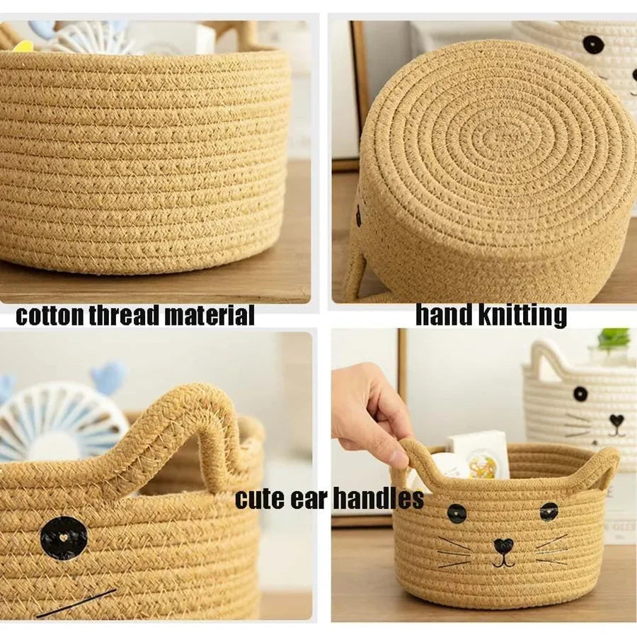 panier tissé rose blanc beiges motifs chats poignées rangement moderne