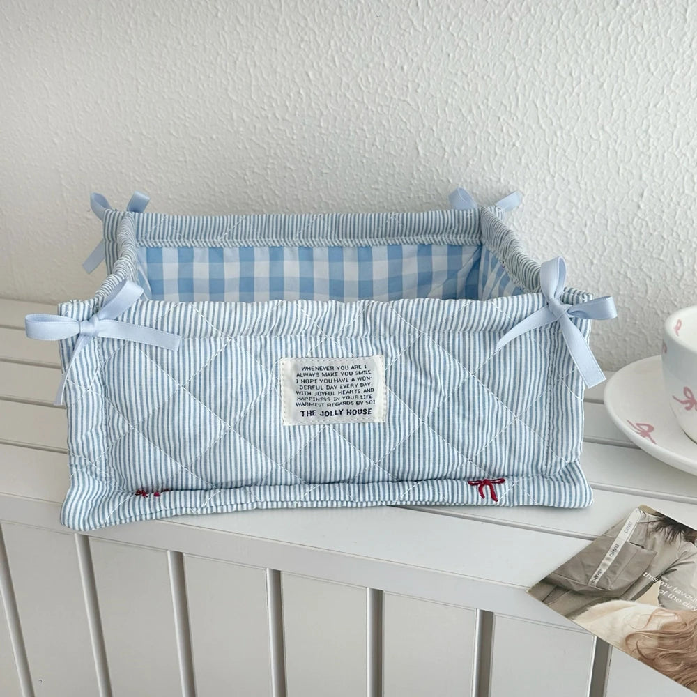 panier rangement tissu polyestère bleu clair rayures horizontales pliable utilisation multiple moderne décoratif rubans