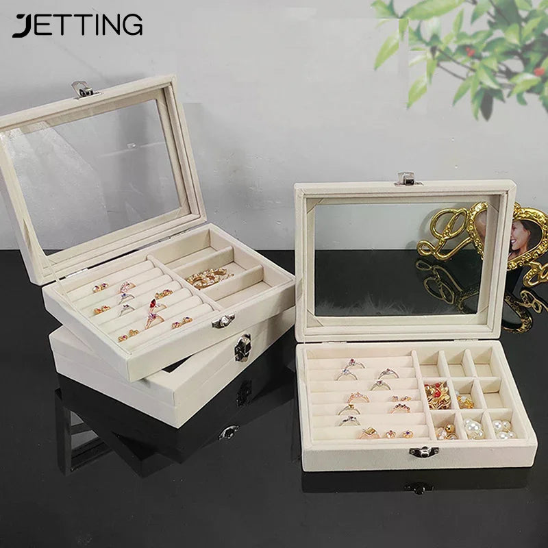 boîte bijoux velours transparent gris rose classique boutons pression rangement colliers bagues