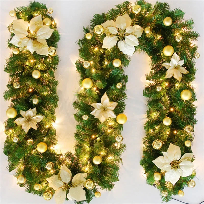 Guirlande Noël fleurs artificielles boules décoratives lumineuses intérieur festif vert doré rouge bleu