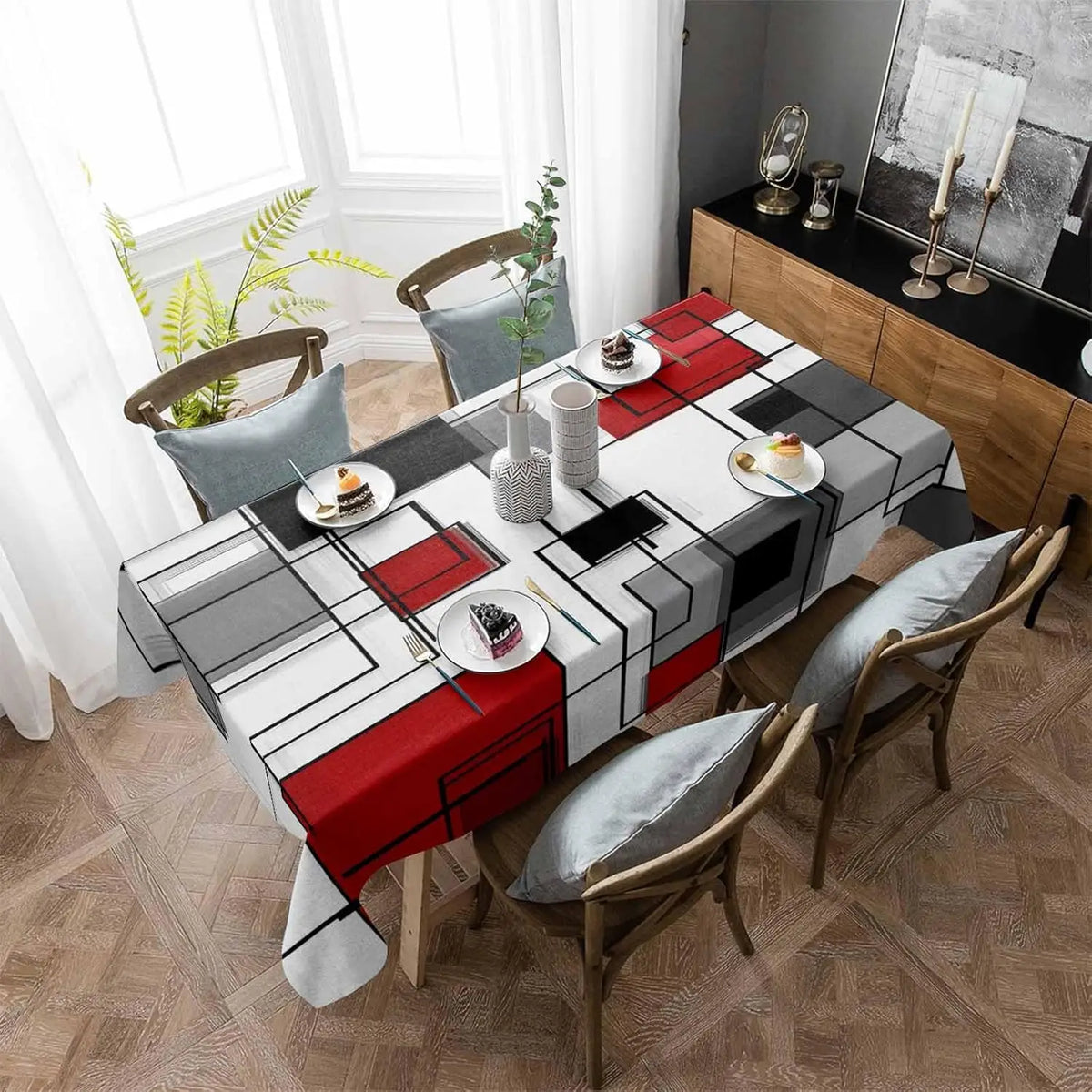 nappe table rouge noir blanche motif géométrique moderne réutilisable polyester maison festivités