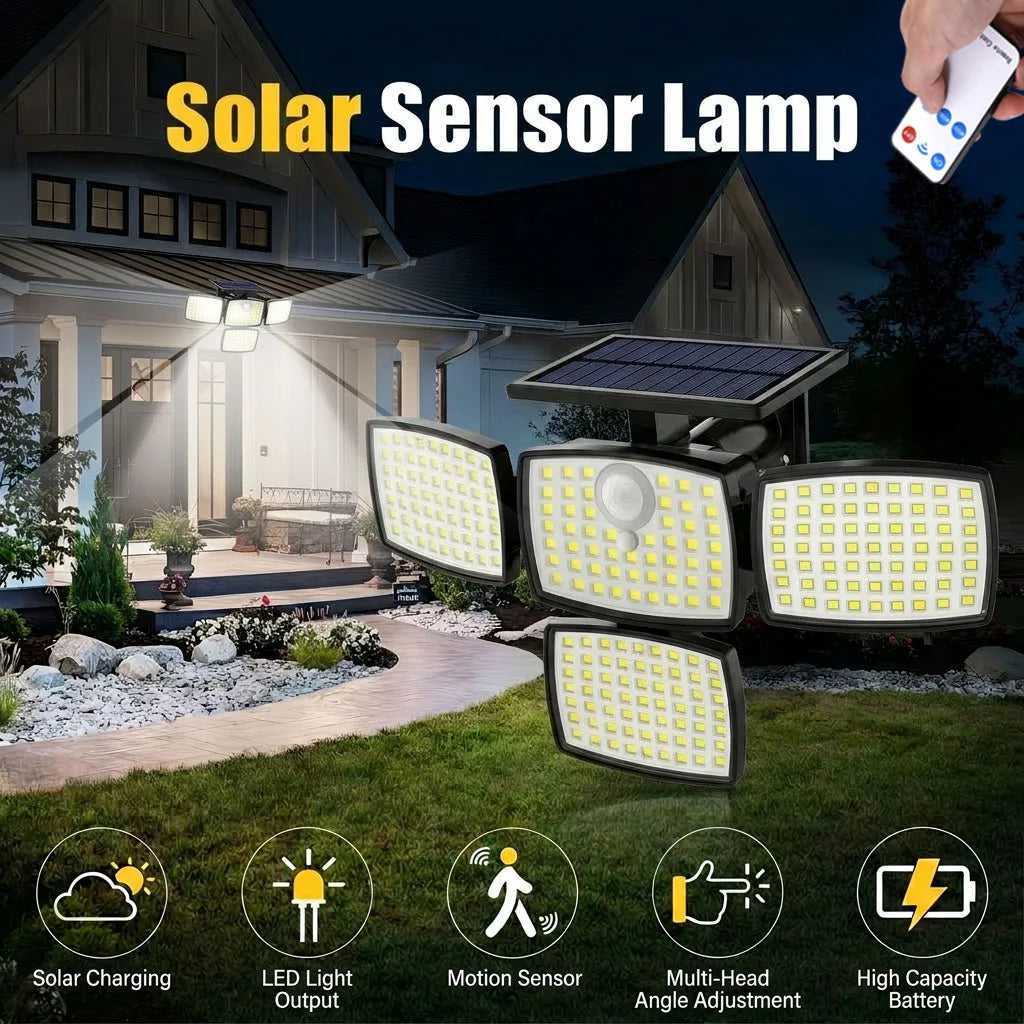 projecteur solaire détecteur mouvement 218 led noir jaune moderne ip65 télécommandeextérieurjardinpluie