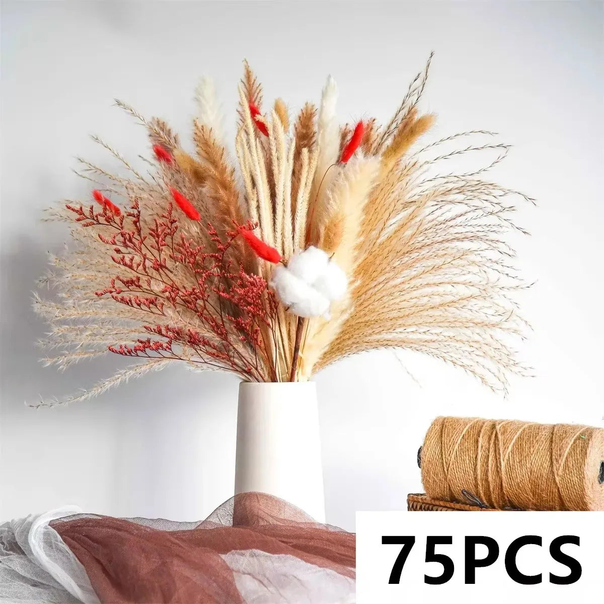 décoration boho bouquet séché eucalyptus pampas feuilles graminées vase naturel orange jaune