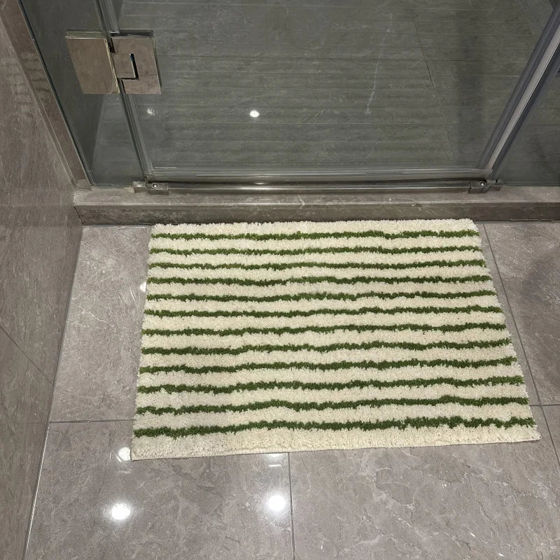 tapis moderne coton rayures blanc vert beige salle bain antidérapant absorbant machine lavable
