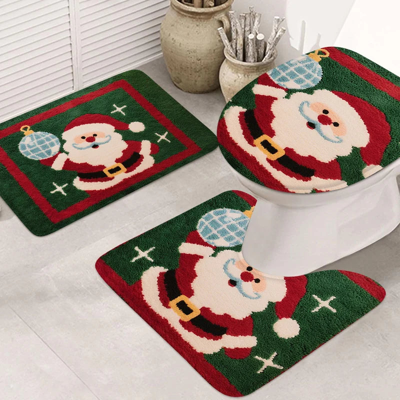 tapis bain absorbant anti dérapant noël sapins bonhommes neige motifs géométriques vert rouge beige