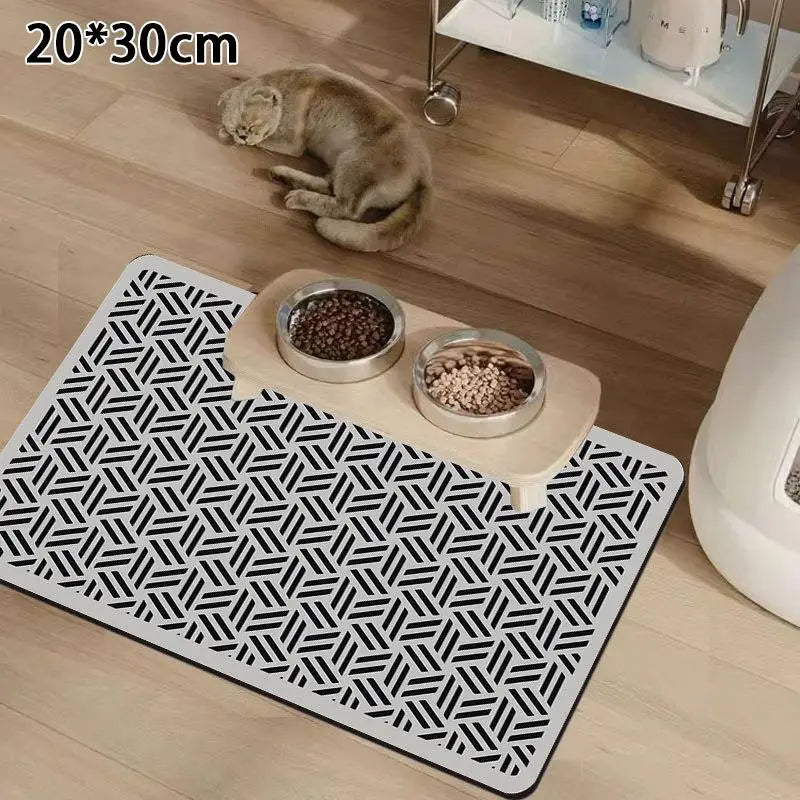 tapis nourrir animal blanc gris motif géométrique moderne anti dérapant deux bols métal