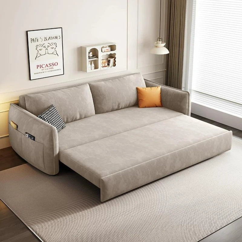 canapé lit convertible moderne tissu beige salon places lit double minimaliste rangement