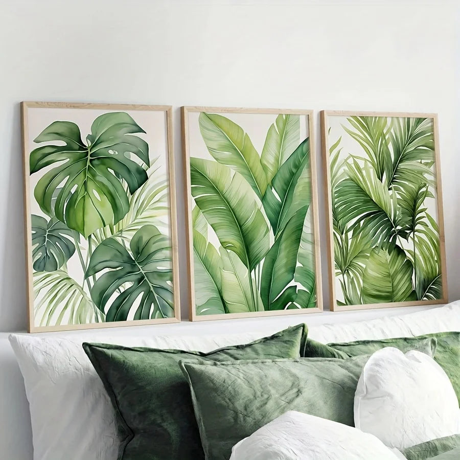 toiles impression feuilles tropicales modernes naturelles vertes blanches cadre bois chambre salon decoration