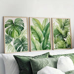 toiles impression feuilles tropicales modernes naturelles vertes blanches cadre bois chambre salon decoration