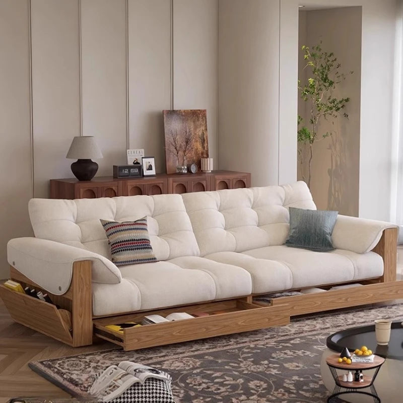 canapé lit moderne bois tissu uni beige inclinable coussins décoratifs salon minimaliste