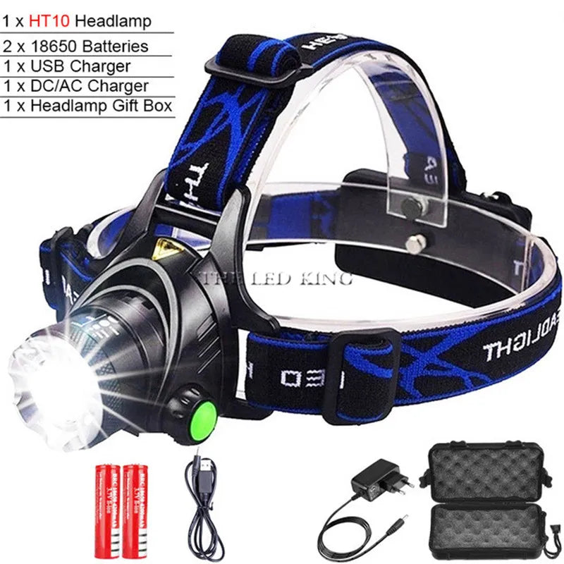 lampe frontale led 30w bleu noir 180deg clip camping pêche