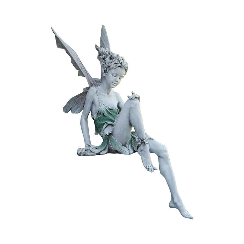 statues fées jardin extérieur résine vert gris blanc ailes translucides robe feuillue classique romantique
