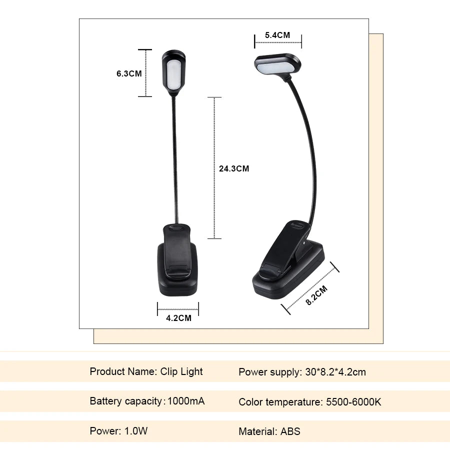 lampe lecture portable pince noir ajustable protection yeux étude chambre moderne clip caoutchouc rechargeable