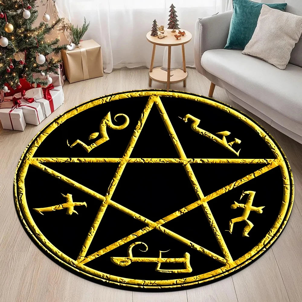 tapis rond moderne floral géométrique alchimique rose clair noir jaune blanc 80x80cm