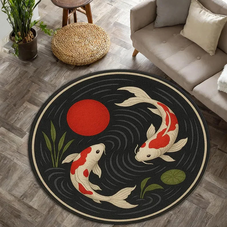tapis rond décoratif poisson koi japonais motif fleur moderne salon chambre maison intérieur