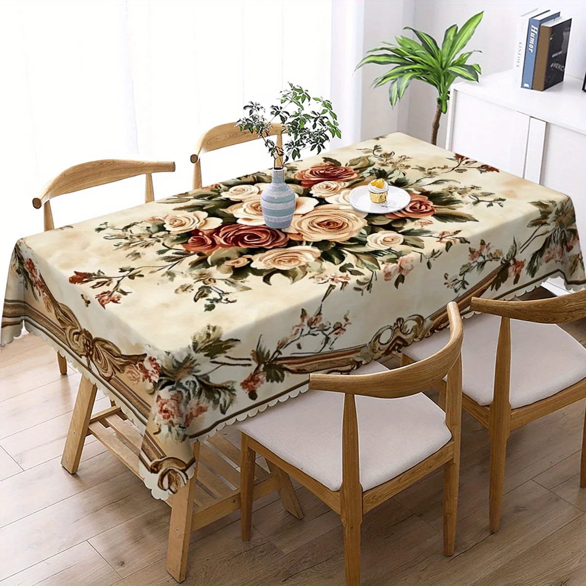 nappe table fleurs roses feuilles dorées classique imperméable machine réutilisable beige marron rouge vert