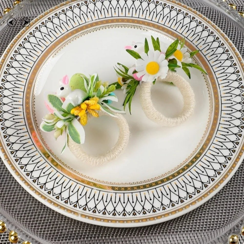 anneau serviettes pâques fleurs pissenlit oreilles lapin printemps décoratif blanc vert jaune rose