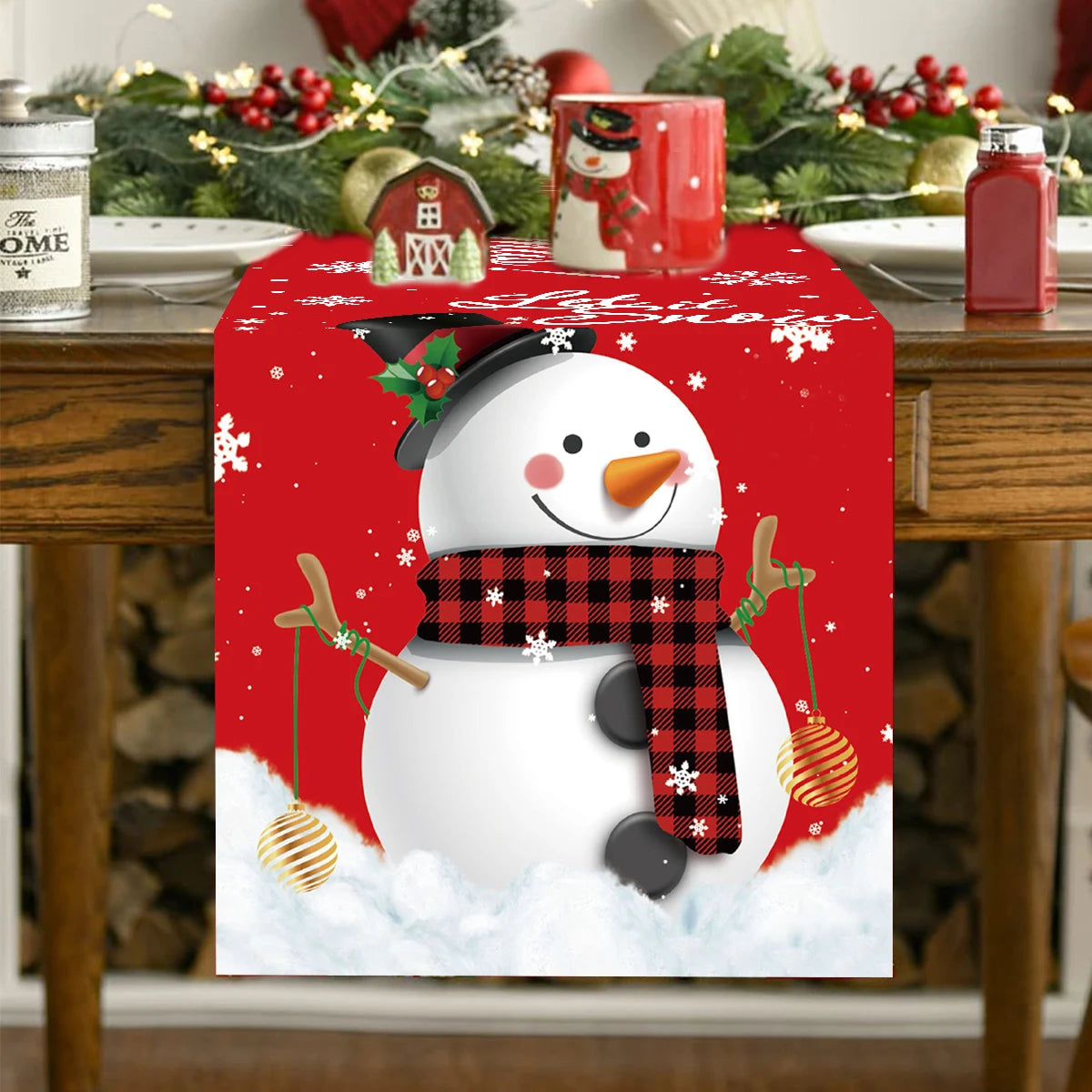 tableau table noël motifs arbres flocons guirlandes rouge blanc vert or traditionnel festive decoration