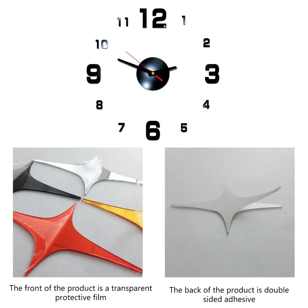horloge murale moderne aiguille led transparente effet miroir noir argenté doré blanc minimaliste facile