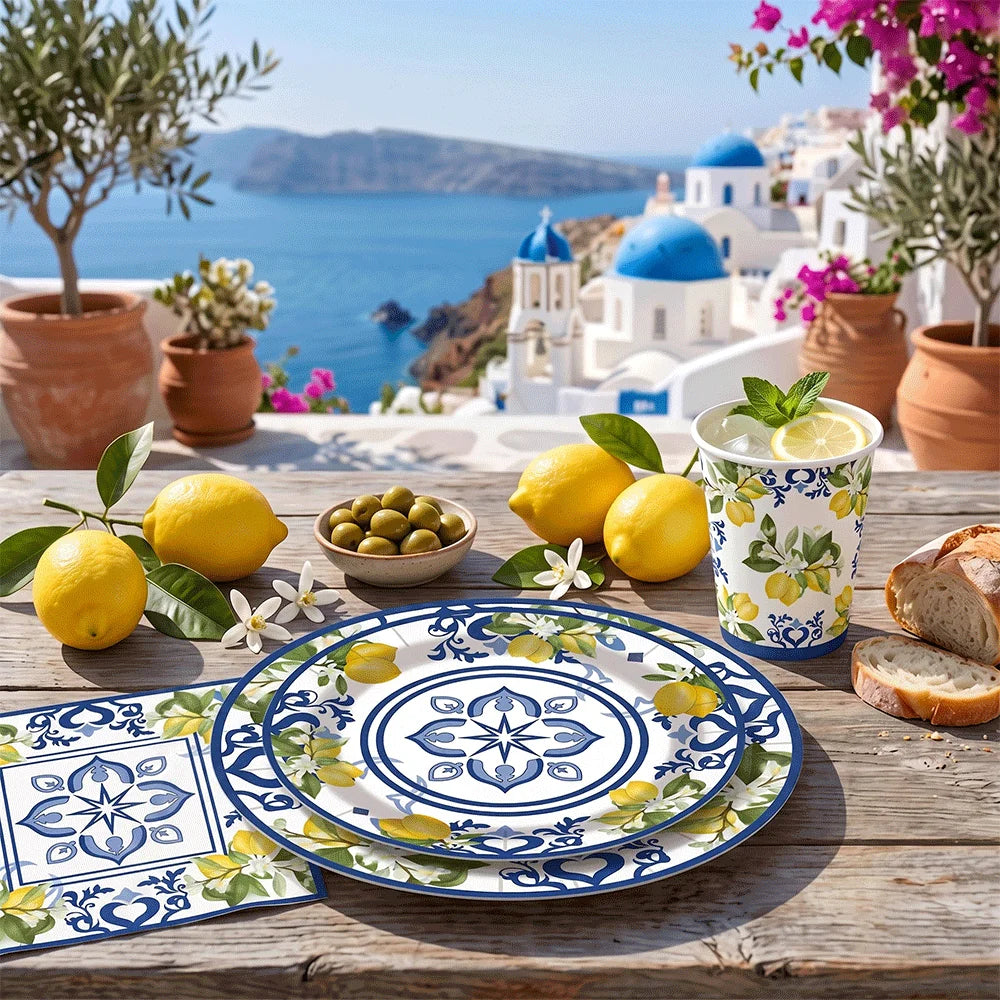 vaisselle jetable assiettes gobelets serviettes motif floral citron anniversaire mariage festive