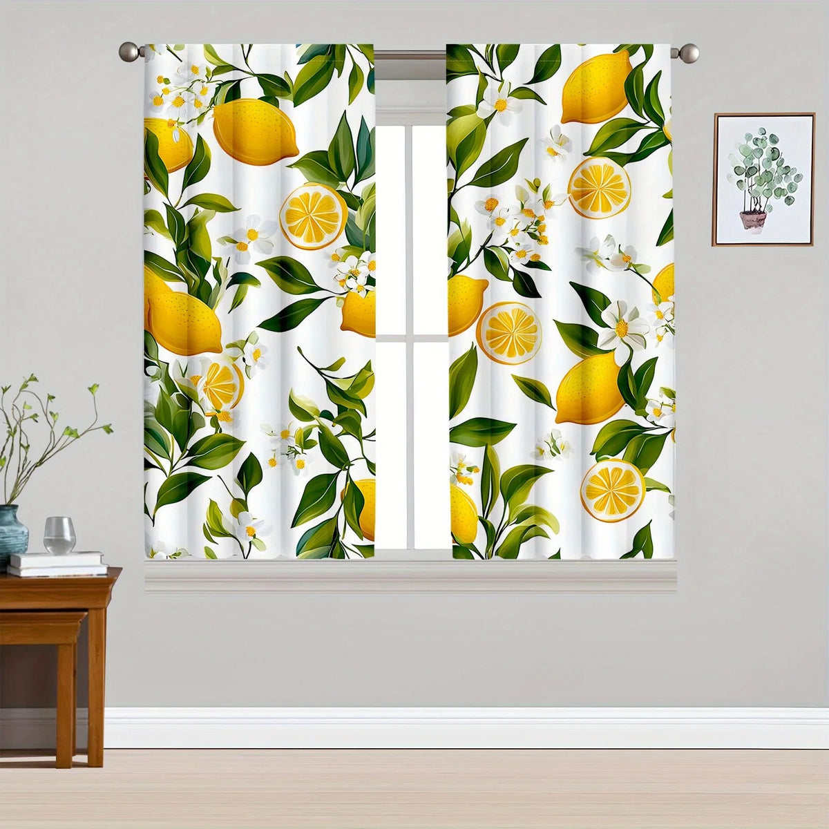 rideau imprimé citrons feuilles vertes blanc moderne opac 100 polyester salon cuisine