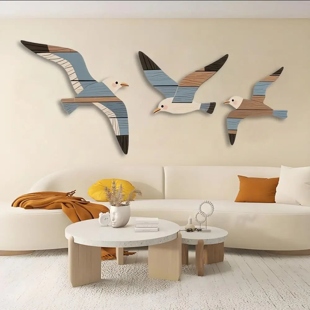 décoration murale moderne oiseaux marin bois rayures horizontales beige bleu brun