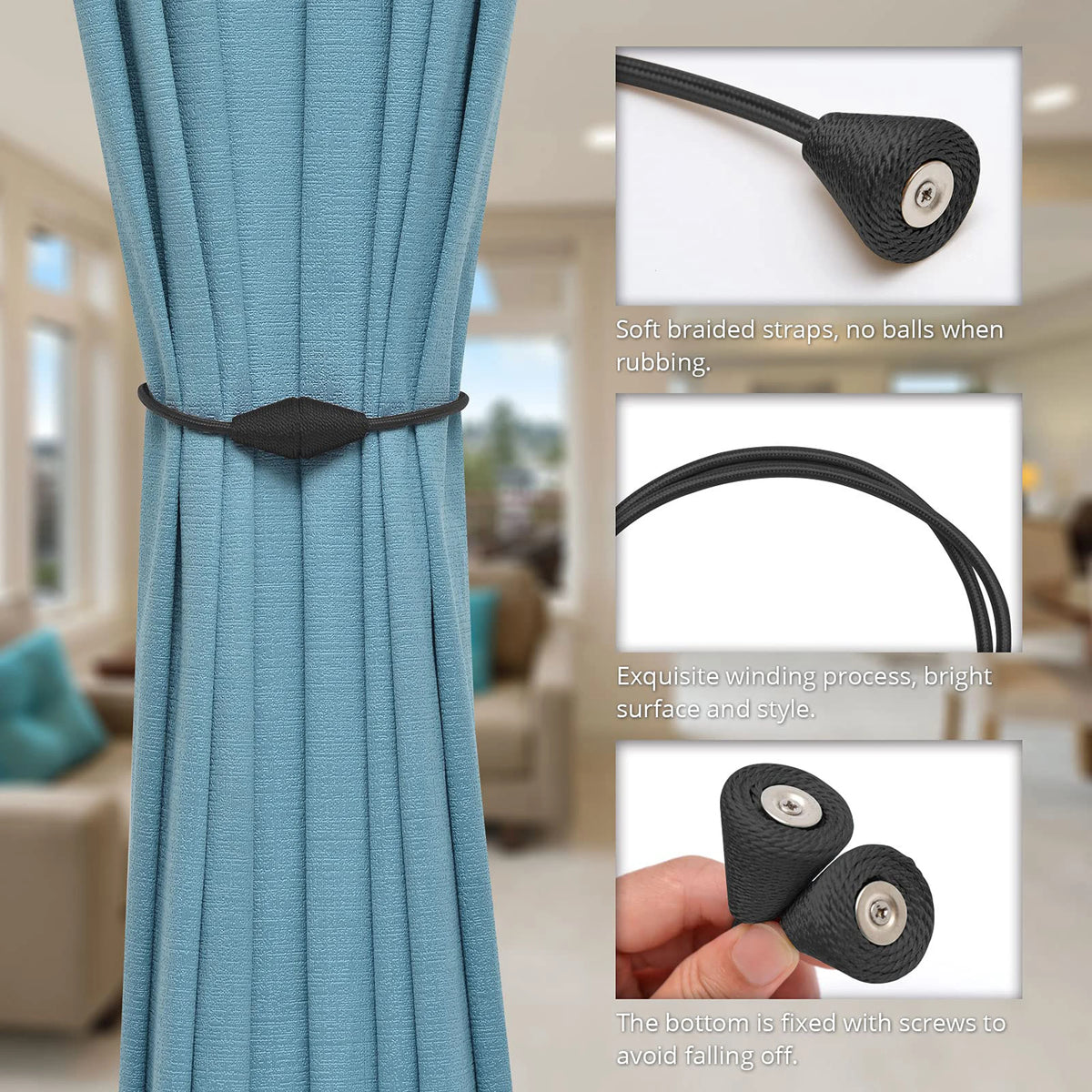 rideau polonais moderne ruban fenêtre noir tissé opaque clips magnétiques 48cm