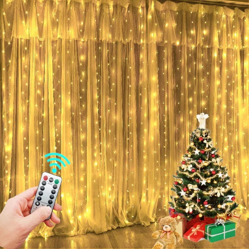 rideau lumineux led blanc doré moderne transparent télécommande usb adaptable noël ramadan nouvel an