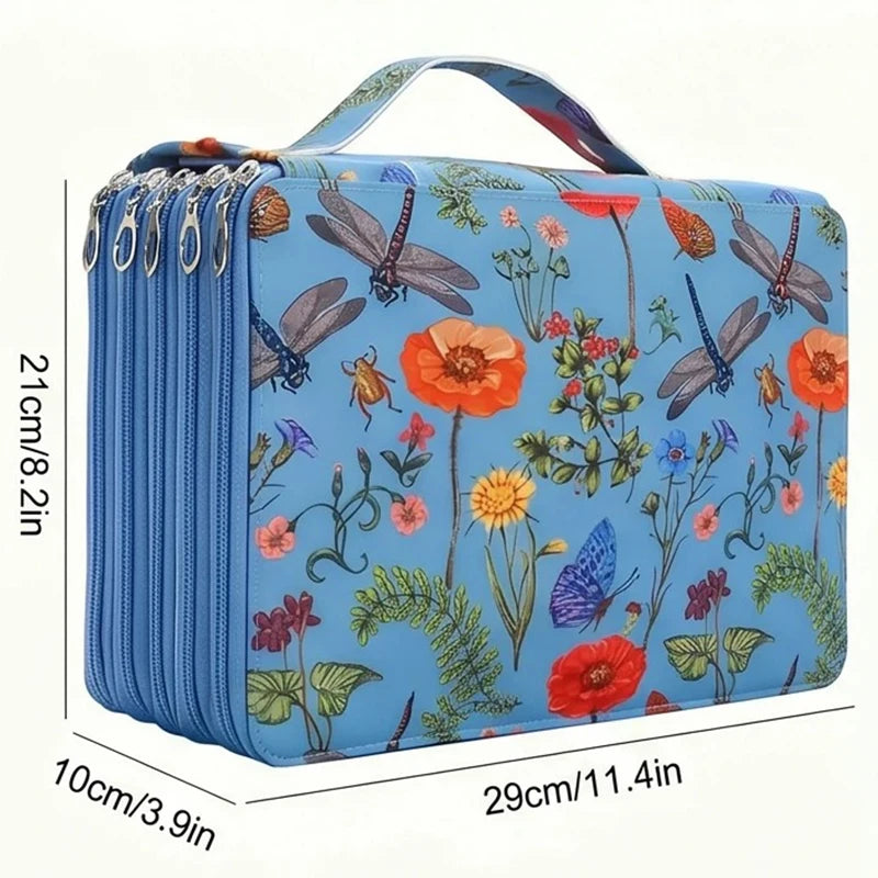 boîte crayons fleurs papillons zips 200 trous tissu polyestère moderne bleu vertclair