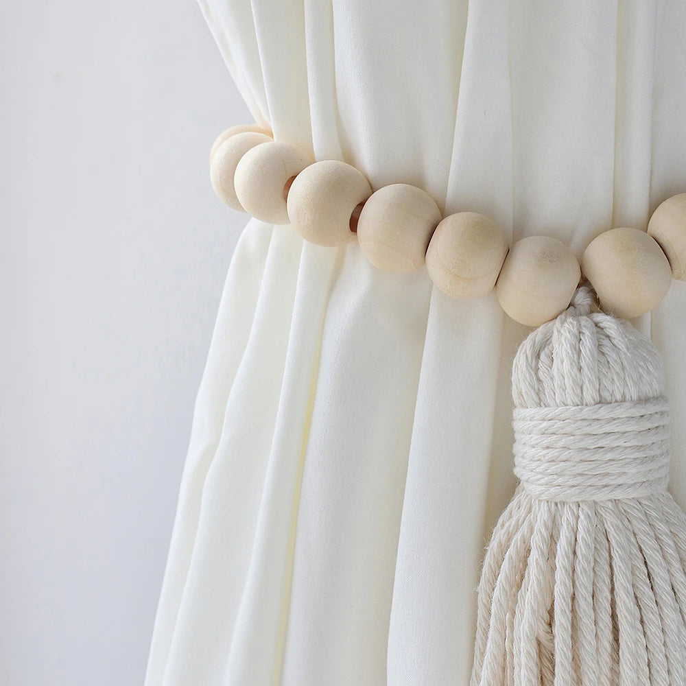 rideau polonais boho blanc rayures jaunes bois pompons adhésif coton moderne