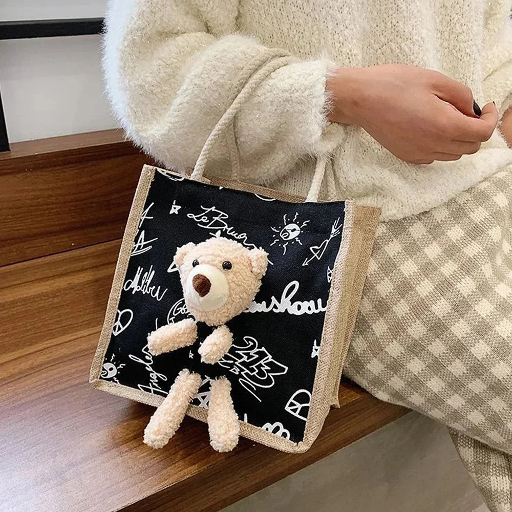 sac main toile vache motif moderne ours peluche poignées corde blanc noir tendance portable
