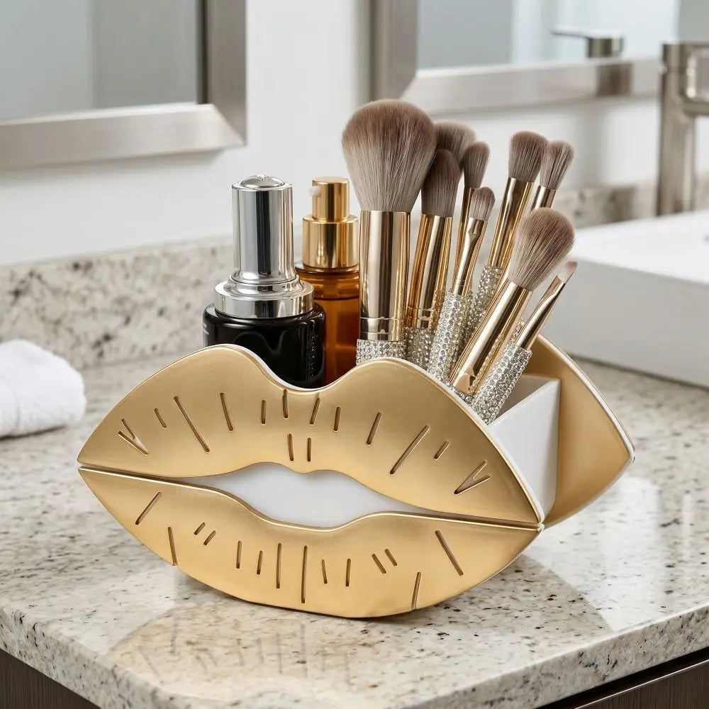 organisateur maquillage lèvres argenté doré rouge glamour pinceaux flacons sérum texturé verticalOpaque central miroir