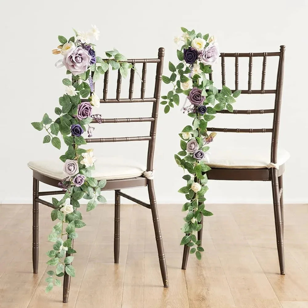 guirlandes florales artificielles roses feuilles vertes mariage romantique extérieur violet blanc bleu