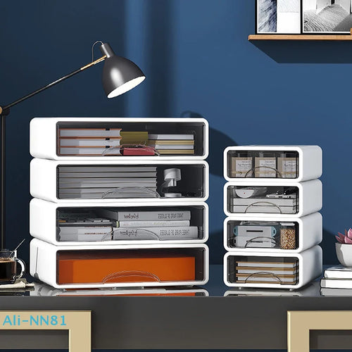 boîtes rangement blanc tiroirs transparents moderne organisateur cosmétiques papeterie plastique poignées élégant modularité usage
