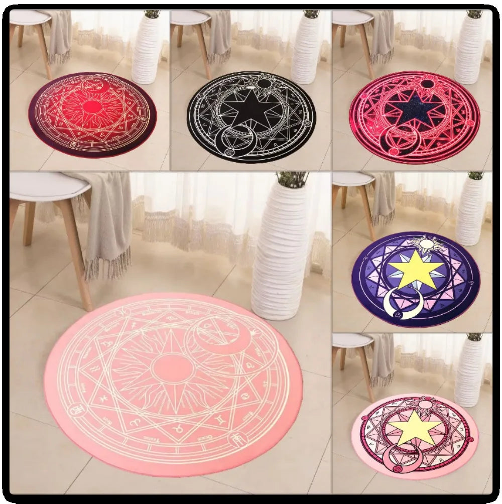 tapis rond moderne symboles astrologiques motifs floraux rouge noir rose bleu chambre salon decoration