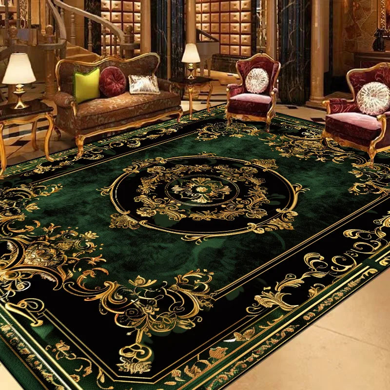 Intérieur somptueux avec un tapis oriental aux motifs dorés élaborés sur fond vert foncé, entouré de meubles de style classique et de décorations luxueuses.