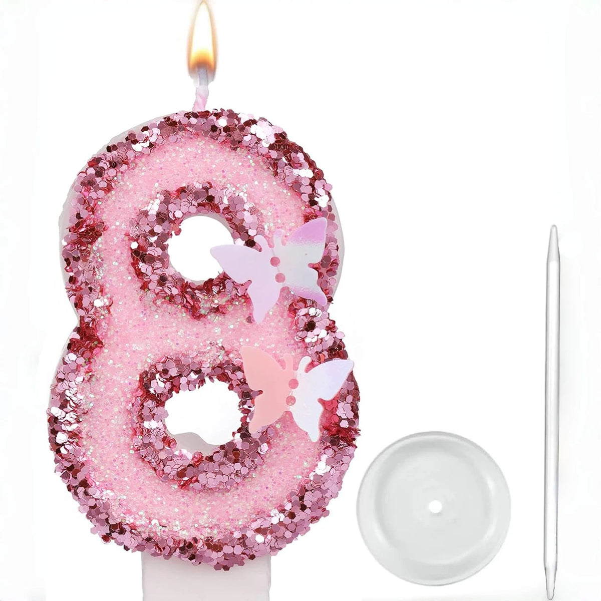 bougies anniversaire forme chiffres rose pailletées papillons relief festives