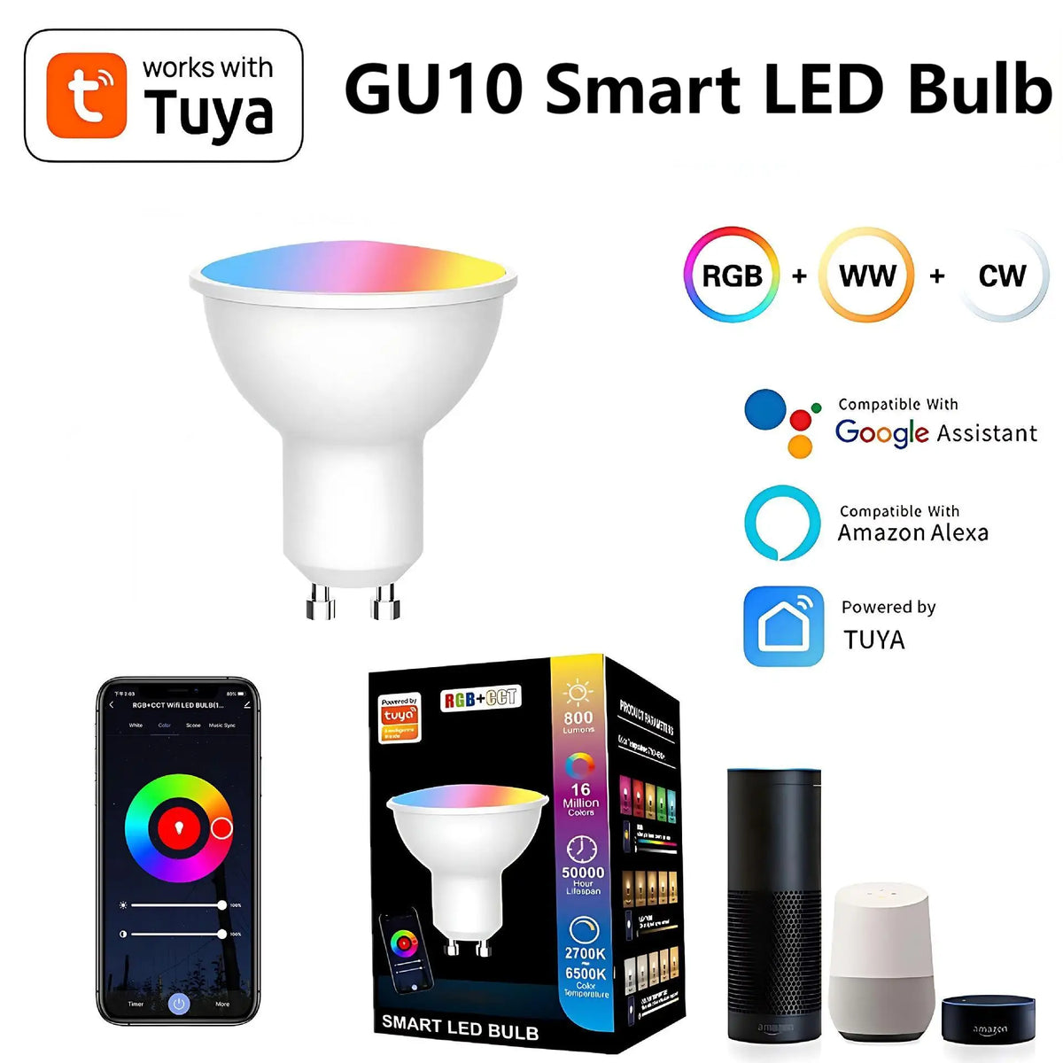 ampoule led intelligente gu10 rgb blanc moderne application mobile compatible alexa google