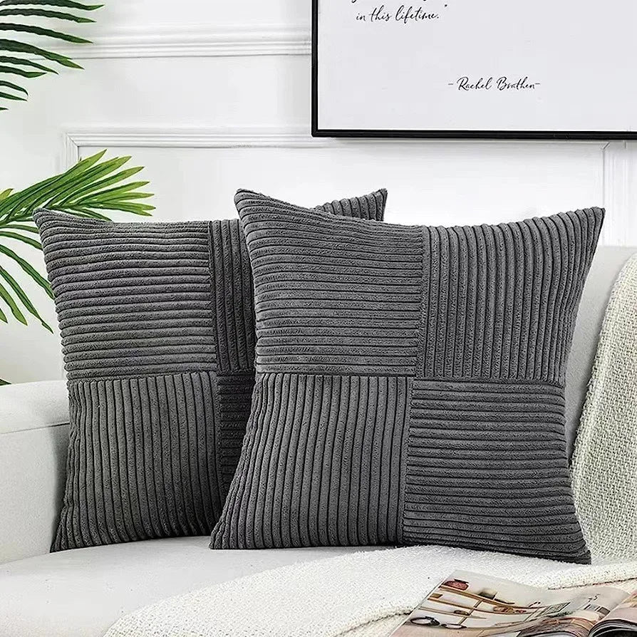 housse coussin polyester rayé moderne beige zip blanc salon decoration