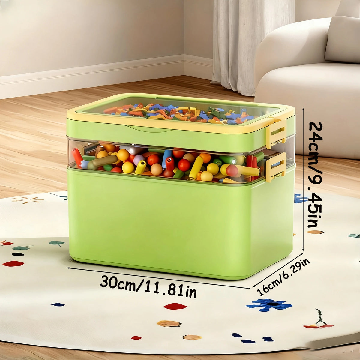 boîtes rangement transparentes empilables jouets colorés moderne poignées vert rose jaune