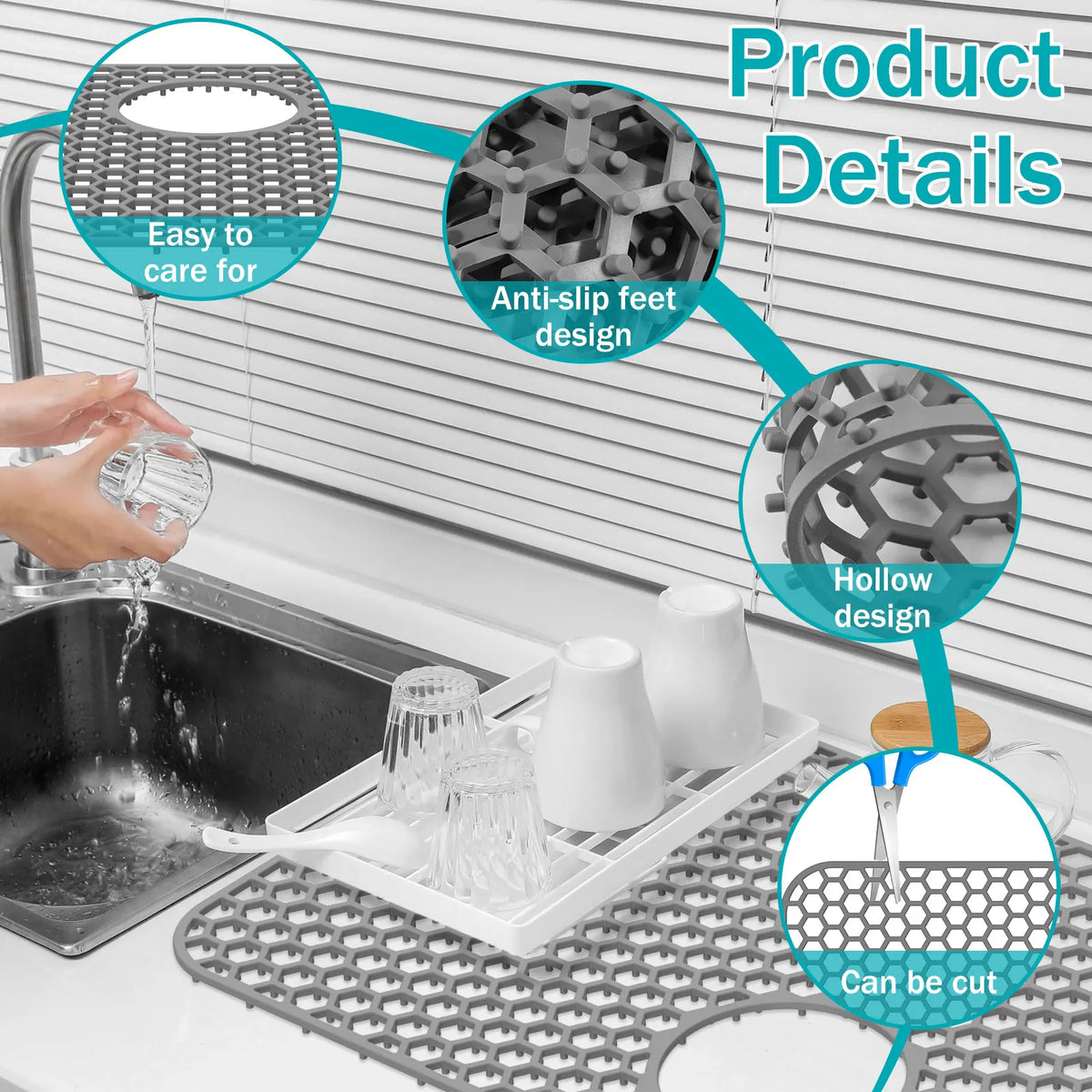 tapis protection évier silicone gris moderne antidérapant nid d'abeille hexagonal central respectueux environnement cuisine