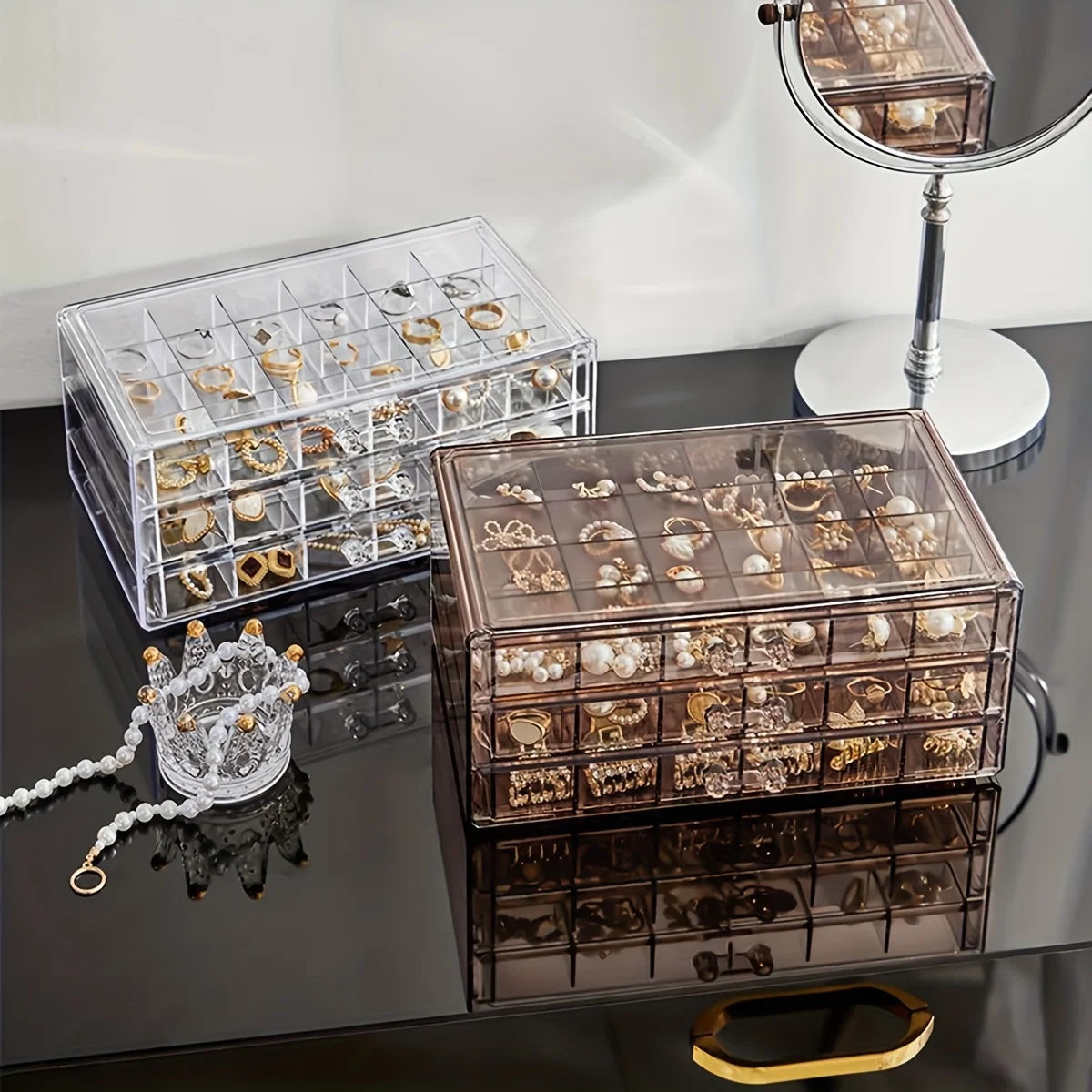 boîte bijoux transparente moderne compartiments poignées métalliques boucles d'oreilles alliances pendentifs rangement plastique classic