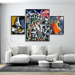 Le triptyque artistique abstrait avec des formes géométriques colorées crée une ambiance moderne et élégante dans cette pièce de style contemporain.