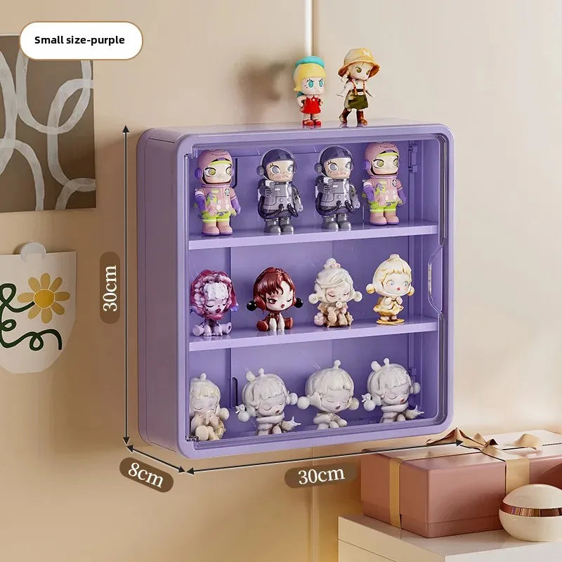 boîtes figurines transparentes modernes réutilisables fixées mur blanc violet organisateur jouets pliables grille