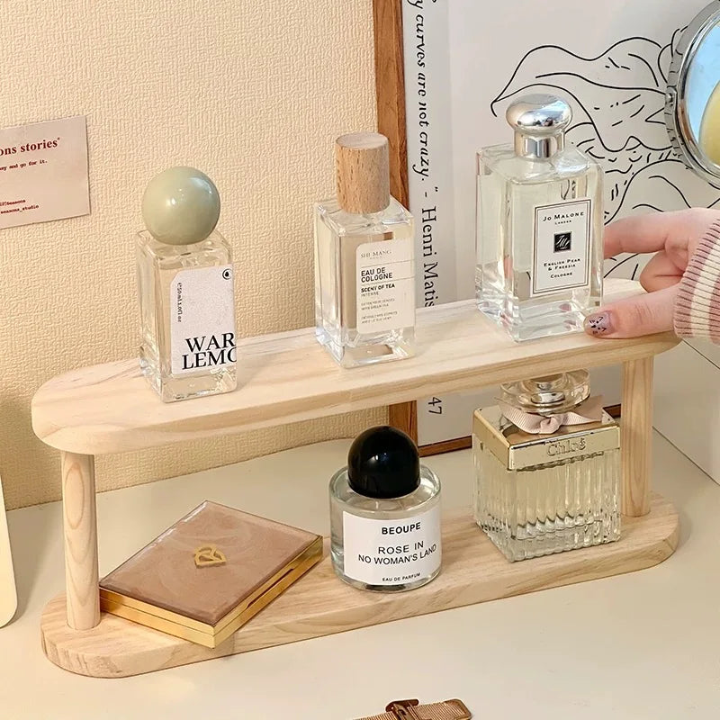 étagère bois deux niveaux moderne rangement parfums figurines deco minimaliste