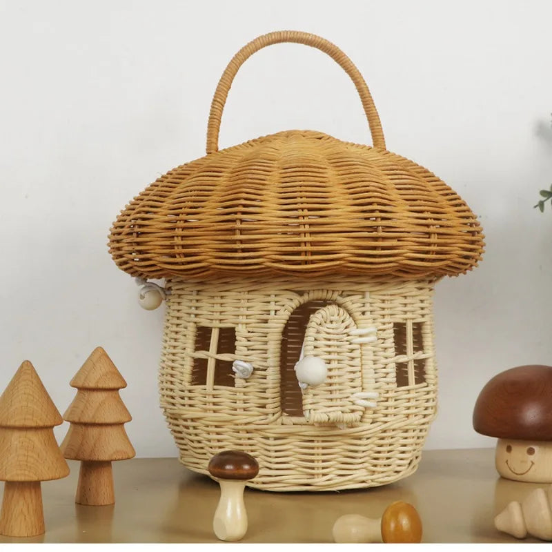 panier osier rustique motif champignon naturel rouge décoration maison jouets rangement artisanal
