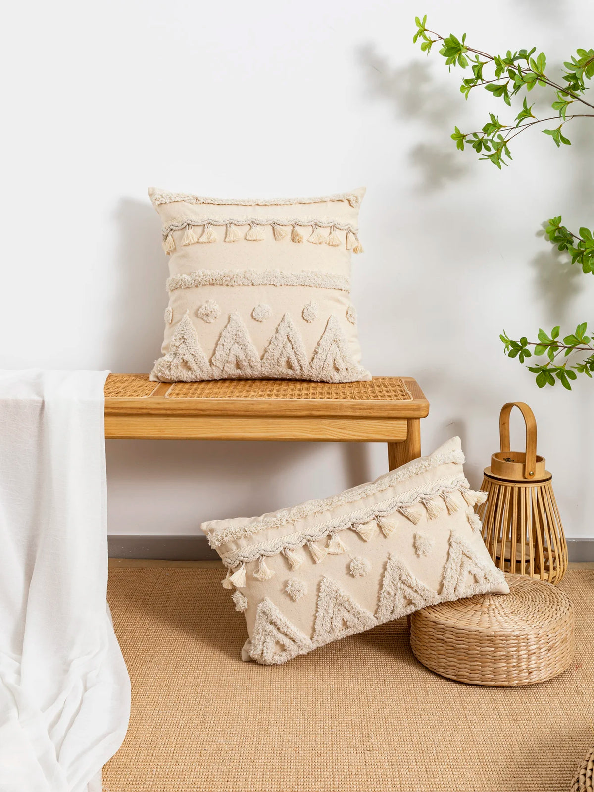 housse coussin beige triangles poils boho chic décoration lit canapé voiture coussins truelle osier